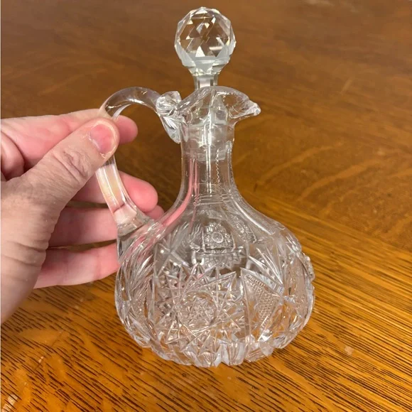 Antique Cut Glass Cruet with Handle & Stopper Etched Glass Decor Delicate Chip - Picture 8 of 14